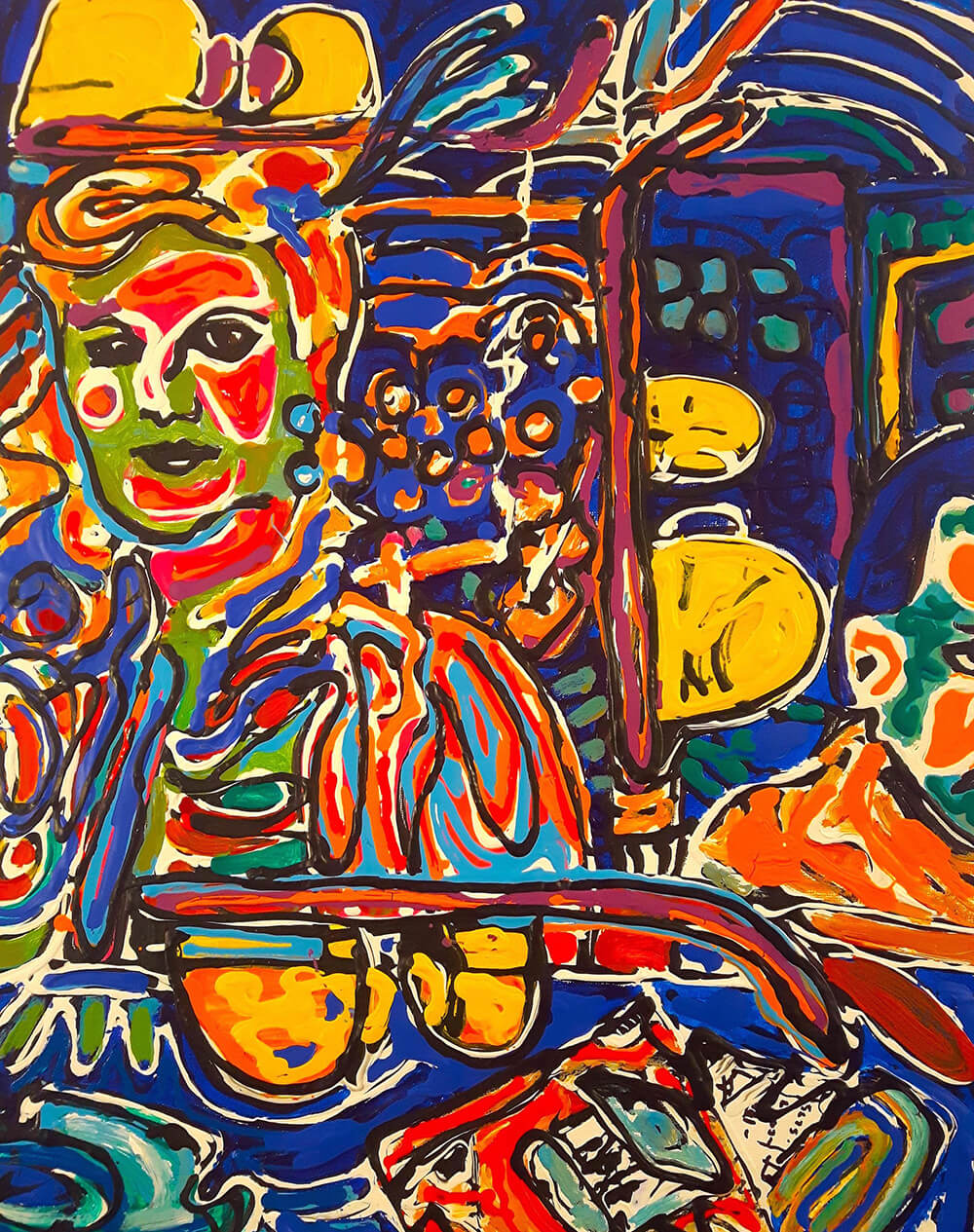 Bright abstract painting of a woman at a nightclub