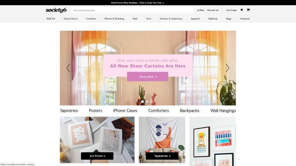 Screenshot of Society6 homepage