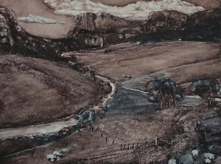 Limited color palette painting of a wide-open valley with trees, farmlands, and cliffs in the distance